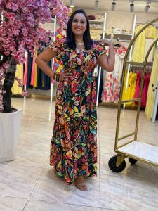 Short Sleeve Elastic Top Colorful Long Dress - Image 2