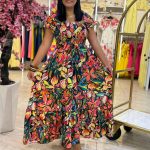 Short Sleeve Elastic Top Colorful Long Dress