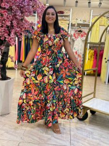 Short Sleeve Elastic Top Colorful Long Dress