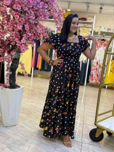Short Sleeve Elastic Top Colorful Long Dress - Image 4