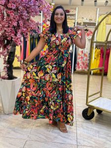 Short Sleeve Elastic Top Colorful Long Dress - Image 3