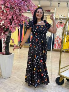 Short Sleeve Elastic Top Colorful Long Dress - Image 5