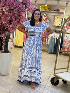 Short Sleeve Elastic Top Colorful Long Dress - Image 9