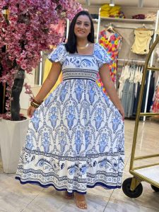 Short Sleeve Elastic Top Colorful Long Dress - Image 7