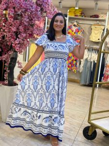 Short Sleeve Elastic Top Colorful Long Dress - Image 8