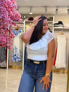 Plain Color Blouse with Off Shoulder Lace