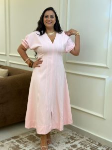 ⁦Short Sleeve Plain Color Long Dress⁩ - الصورة ⁦3⁩