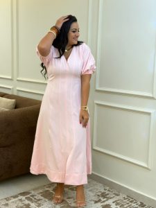 ⁦Short Sleeve Plain Color Long Dress⁩ - الصورة ⁦2⁩