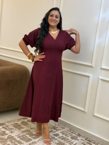 ⁦Short Sleeve Plain Color Long Dress⁩ - الصورة ⁦12⁩