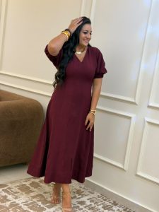 ⁦Short Sleeve Plain Color Long Dress⁩ - الصورة ⁦10⁩