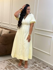 ⁦Short Sleeve Plain Color Long Dress⁩ - الصورة ⁦5⁩