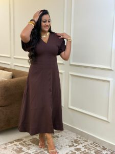 ⁦Short Sleeve Plain Color Long Dress⁩ - الصورة ⁦15⁩
