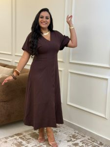 ⁦Short Sleeve Plain Color Long Dress⁩ - الصورة ⁦14⁩