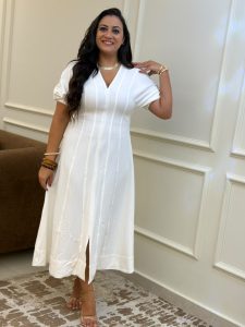 ⁦Short Sleeve Plain Color Long Dress⁩ - الصورة ⁦7⁩