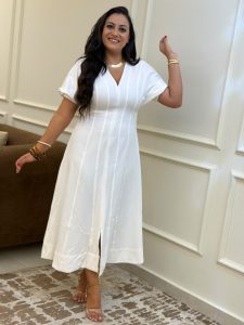⁦Short Sleeve Plain Color Long Dress⁩ - الصورة ⁦8⁩