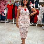 Off Shoulder Front Flower Polka Dots Dress