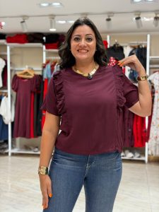 ⁦Short Sleeve Plain Color Side Ruffles Top⁩ - الصورة ⁦2⁩
