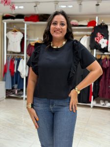 ⁦Short Sleeve Plain Color Side Ruffles Top⁩ - الصورة ⁦5⁩