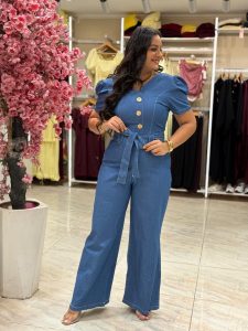 Short Sleeve Front Buttons Jeans Jumpsuit - Image 5