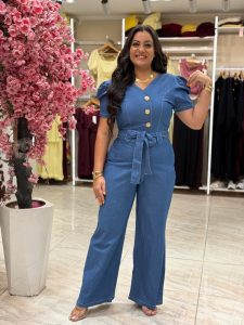 Short Sleeve Front Buttons Jeans Jumpsuit - Image 4