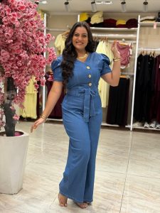 Short Sleeve Front Buttons Jeans Jumpsuit - Image 3
