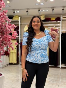 Short Sleeve Blue Flowers Blouse